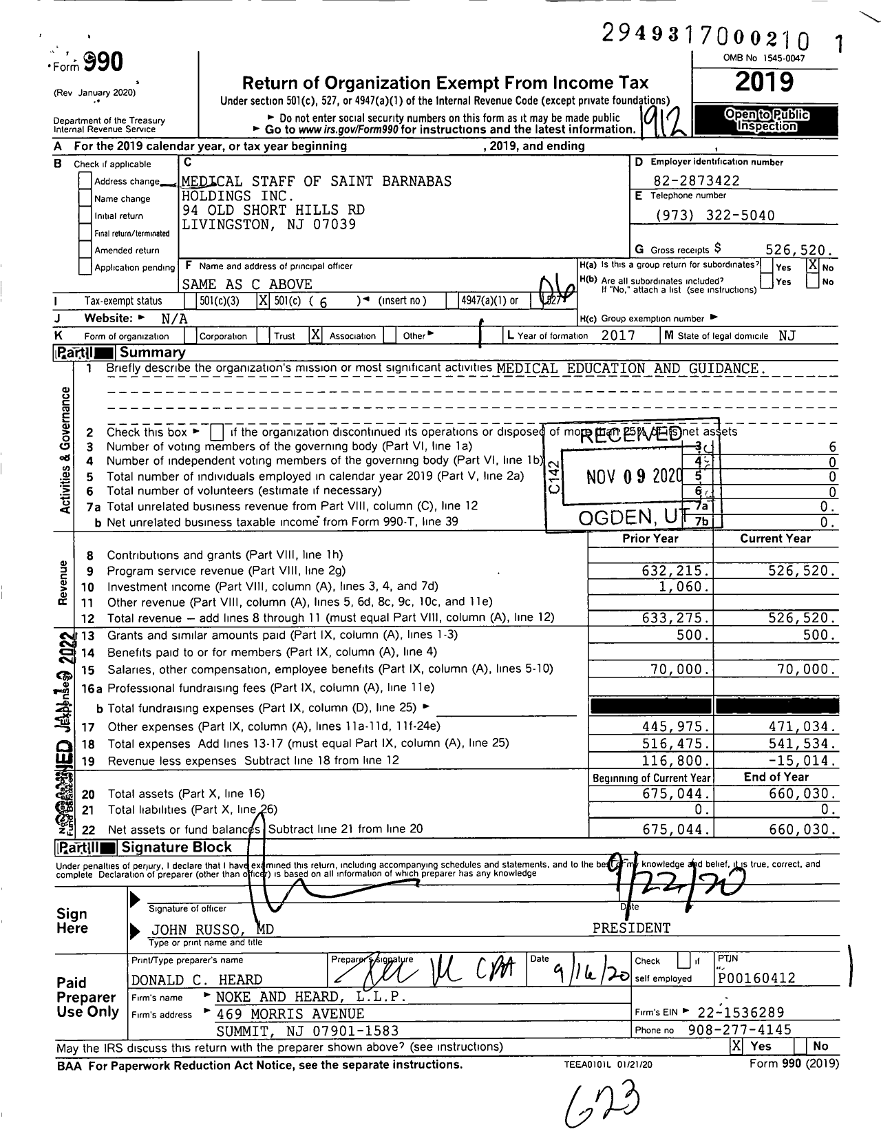 Image of first page of 2019 Form 990O for The Medical Staff of Saint Barnabas Holdings