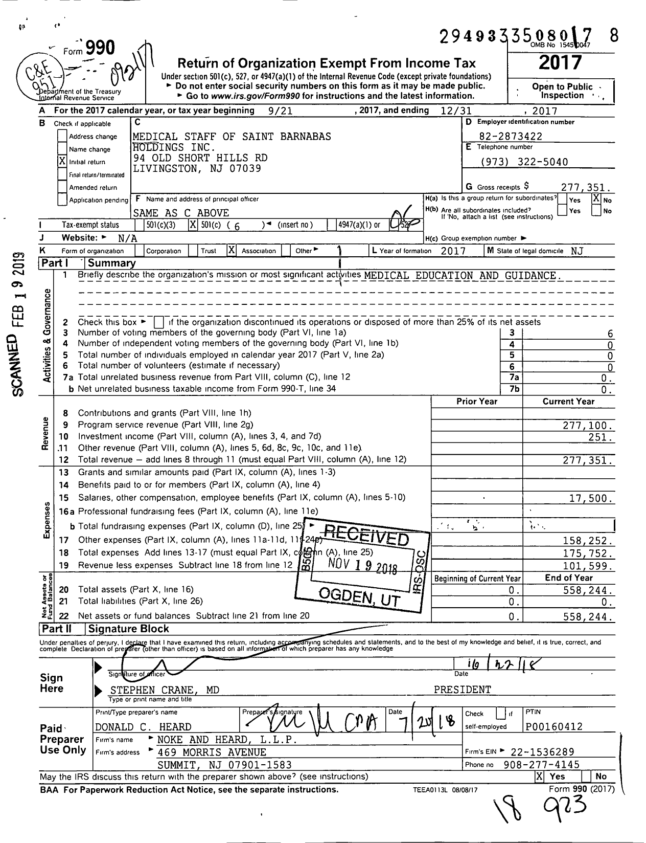 Image of first page of 2017 Form 990O for The Medical Staff of Saint Barnabas Holdings