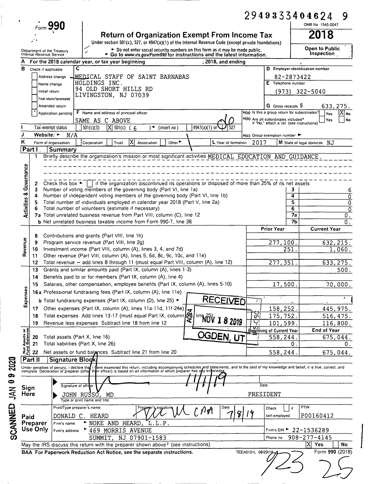 Image of first page of 2018 Form 990O for The Medical Staff of Saint Barnabas Holdings