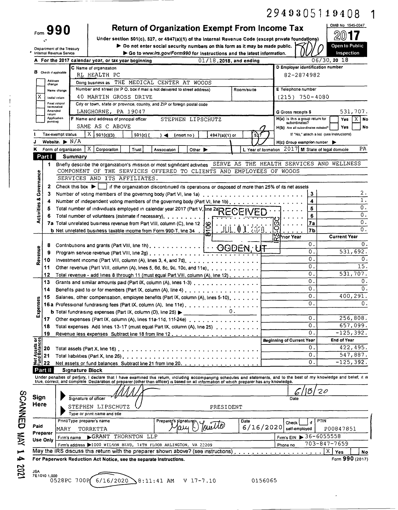 Image of first page of 2017 Form 990 for RL Health