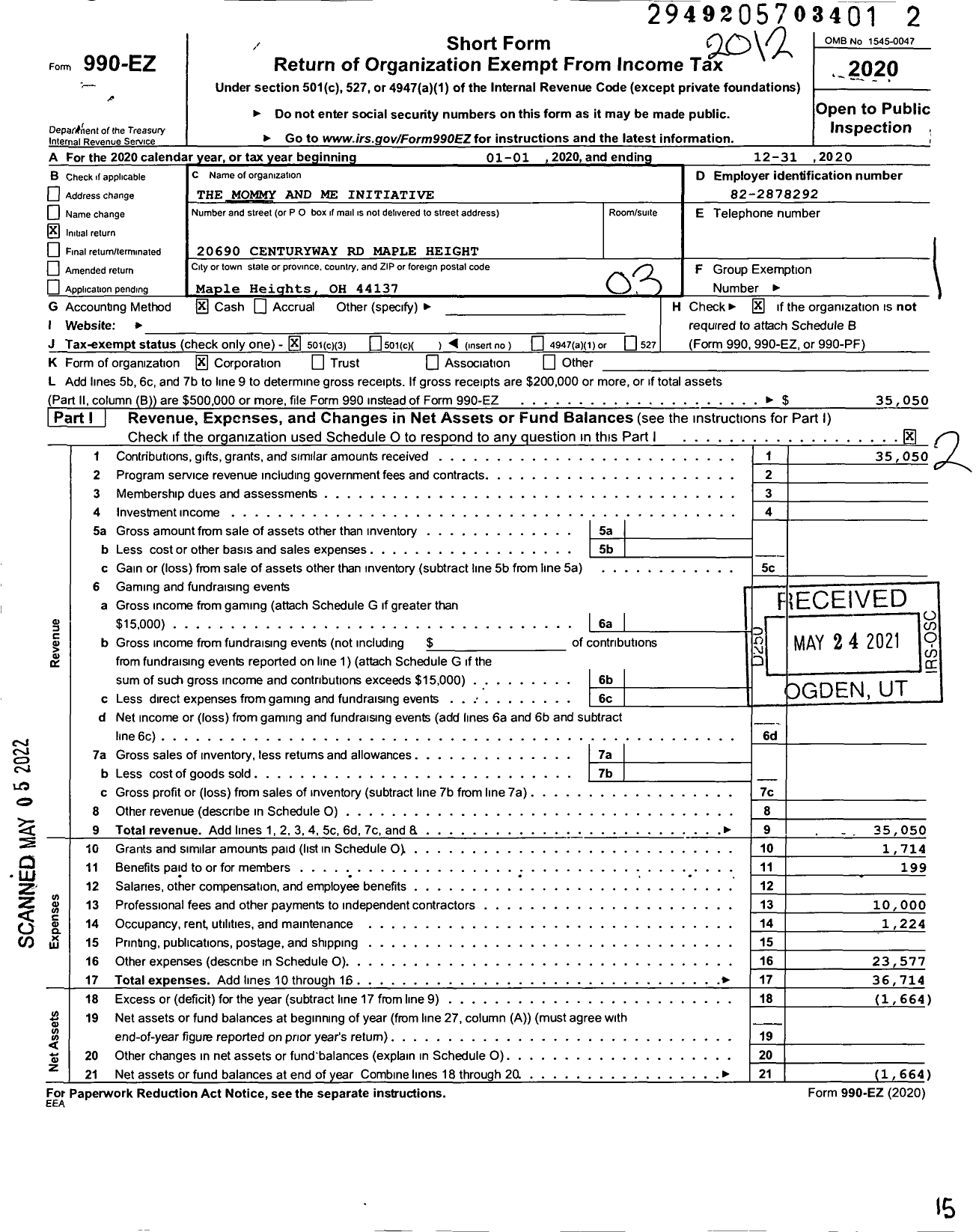 Image of first page of 2020 Form 990EZ for The Mommy and Me Initiative