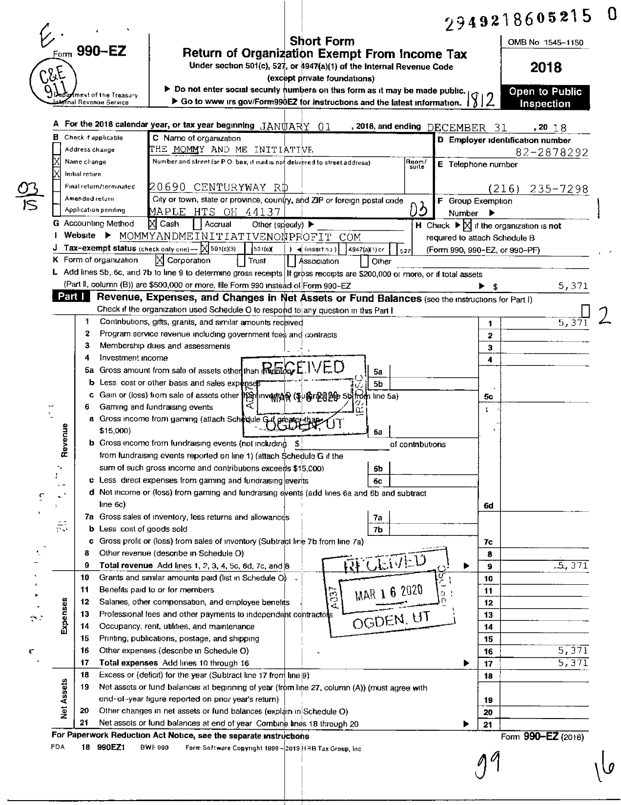 Image of first page of 2018 Form 990EZ for The Mommy and Me Initiative