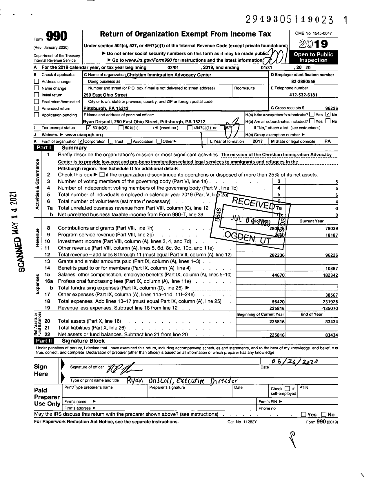 Image of first page of 2019 Form 990 for Christian Immigration Advocacy Cent