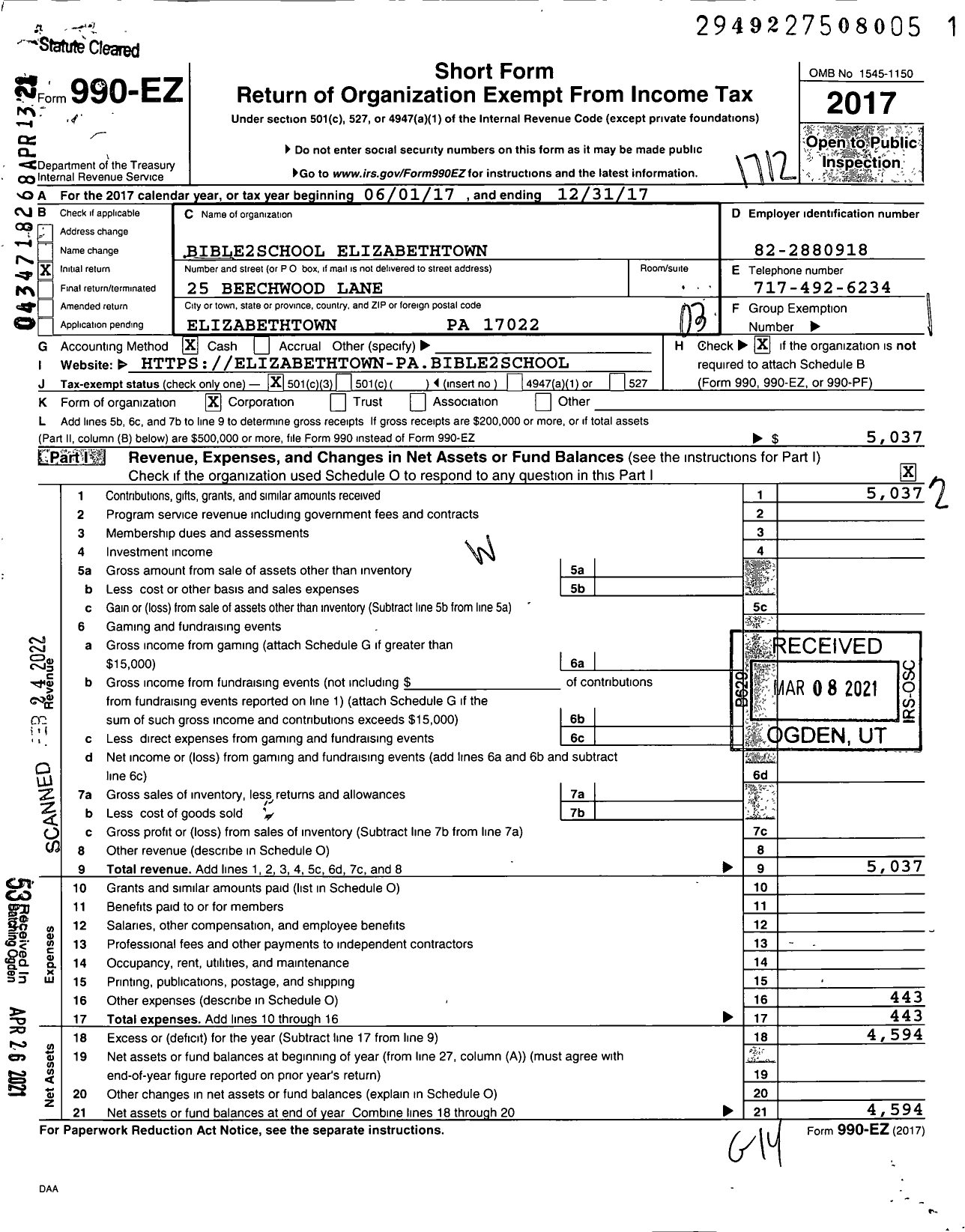 Image of first page of 2017 Form 990EZ for Bible2school Elizabethtown