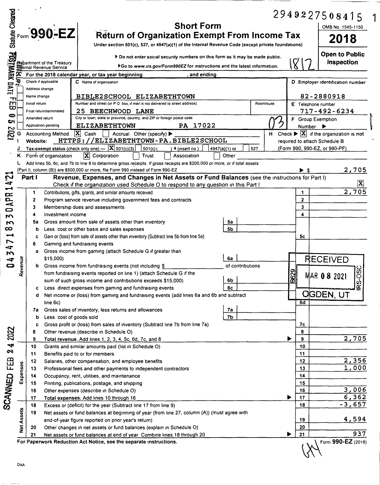 Image of first page of 2018 Form 990EZ for Bible2school Elizabethtown