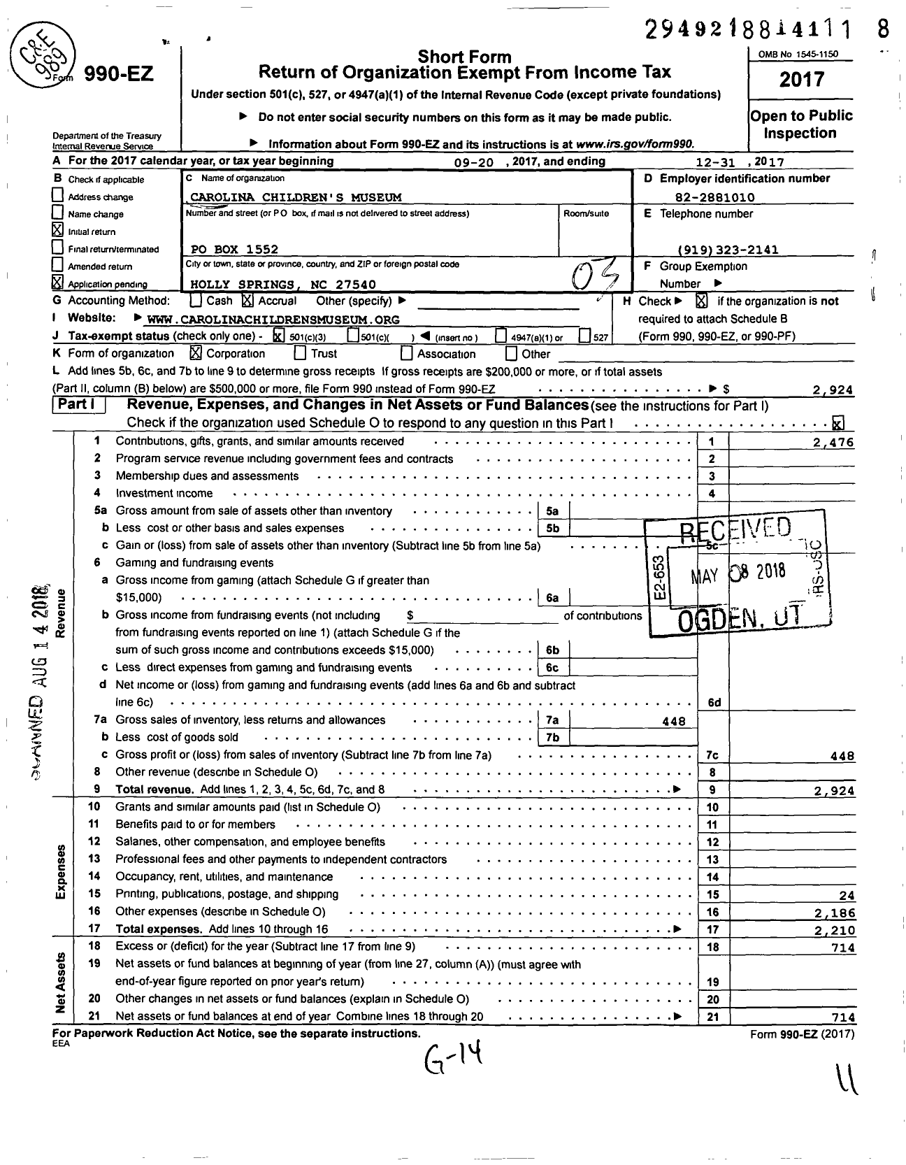 Image of first page of 2017 Form 990EZ for Carolina Childrens Museum