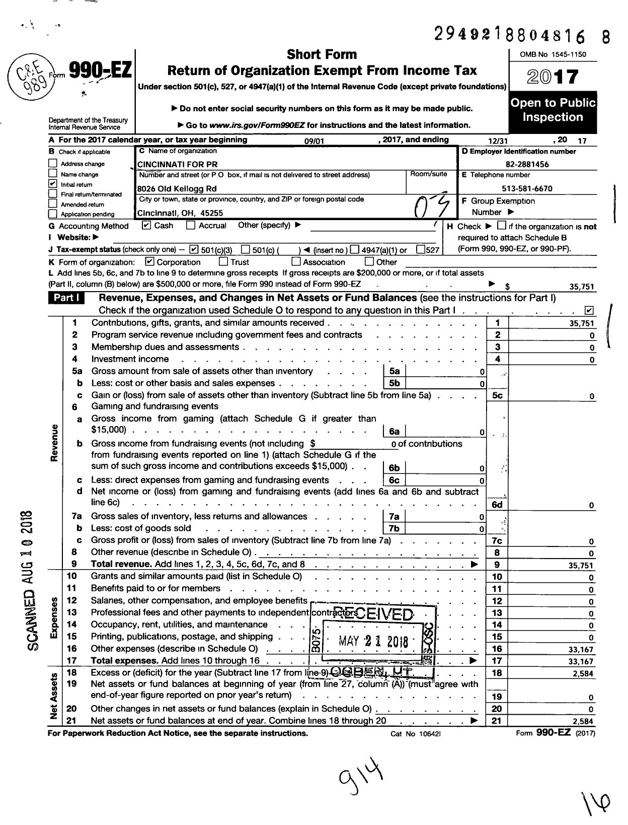 Image of first page of 2017 Form 990EZ for Cincinnati for PR