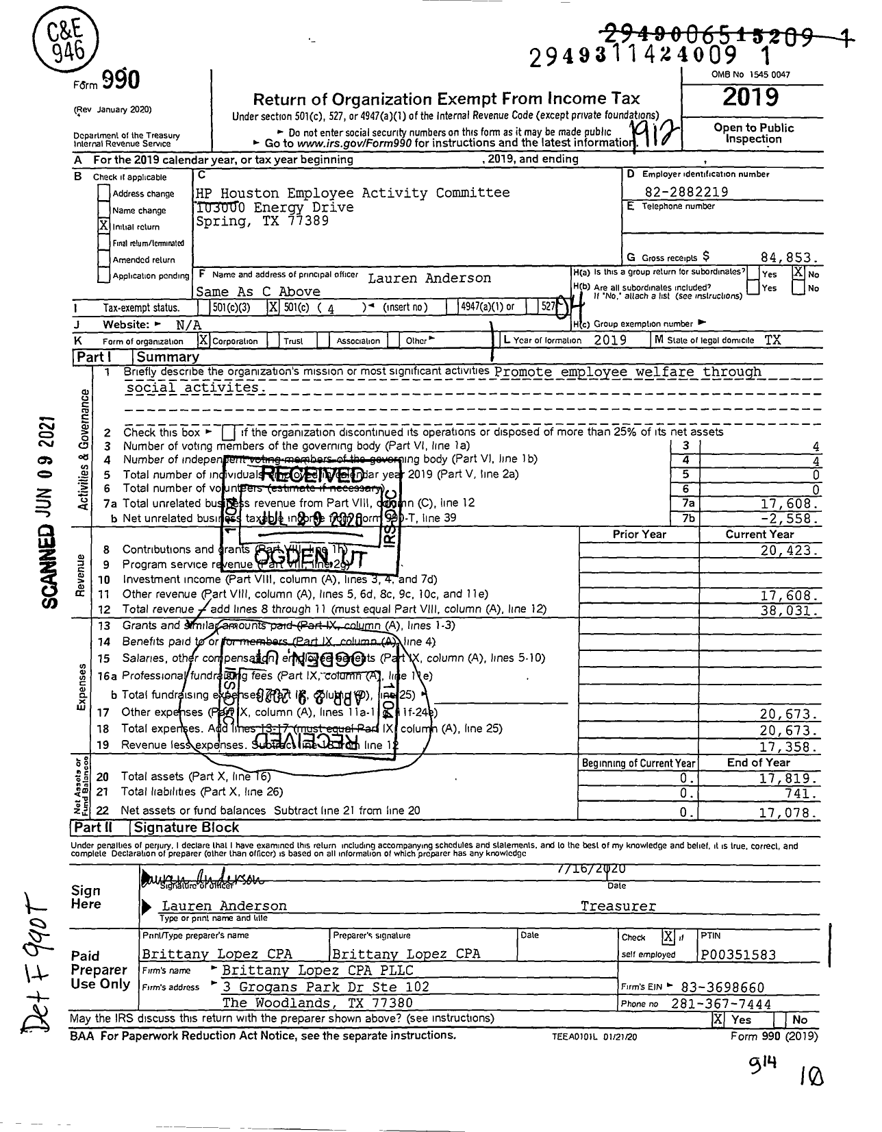 Image of first page of 2019 Form 990O for HP Houston Employee Activity Committee