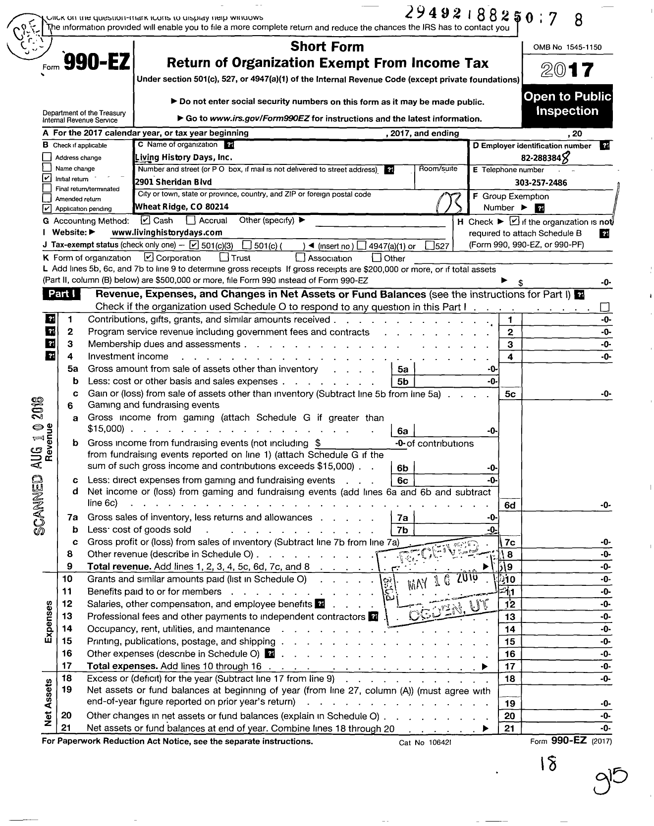 Image of first page of 2017 Form 990EZ for Living History Days