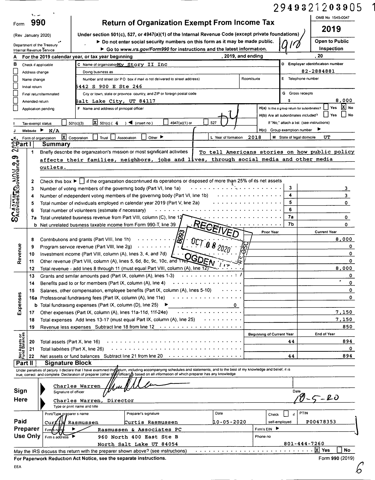 Image of first page of 2019 Form 990O for My Story II