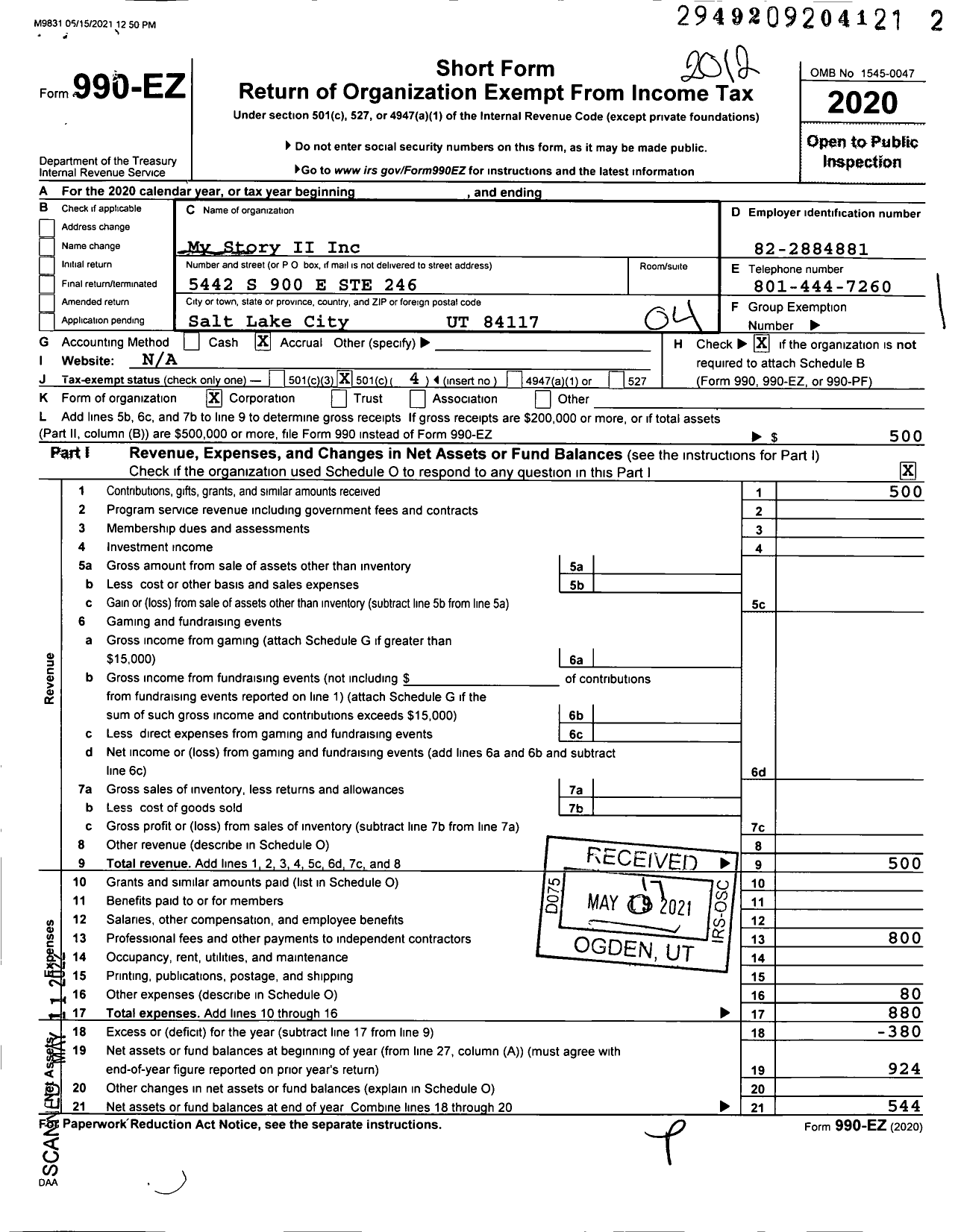 Image of first page of 2020 Form 990EO for My Story II