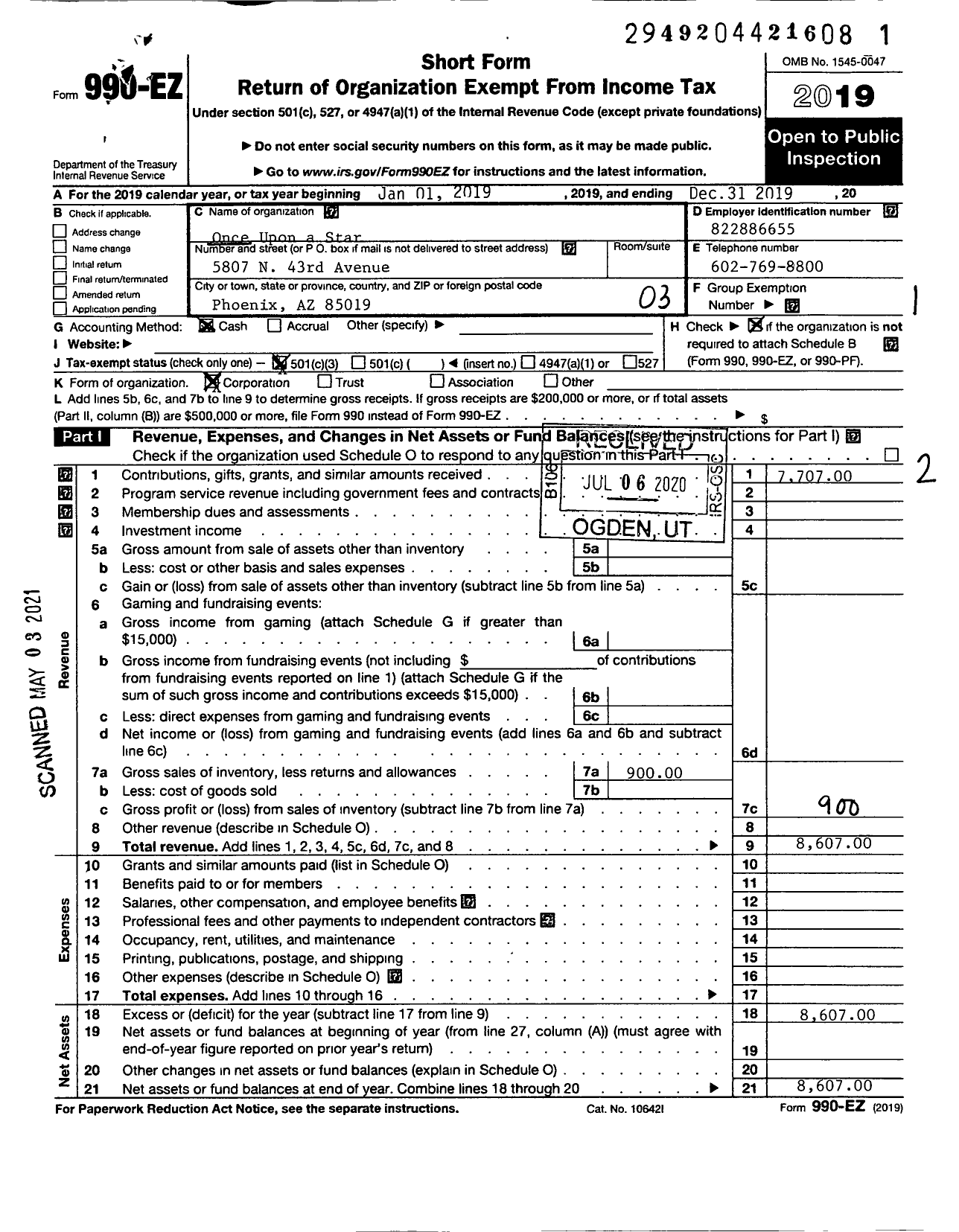 Image of first page of 2019 Form 990EZ for Once Upon A Star