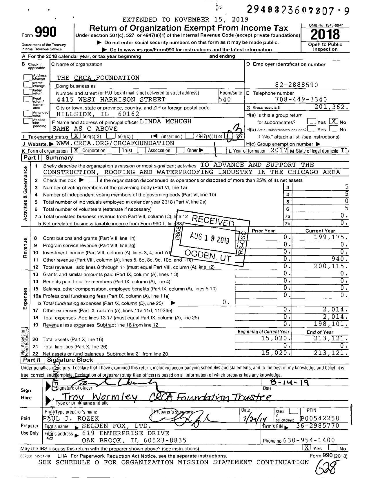 Image of first page of 2018 Form 990 for The Crca Foundation