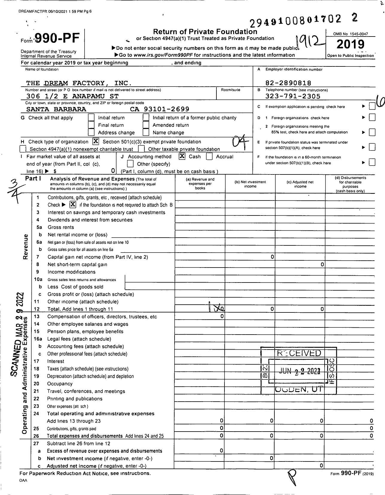 Image of first page of 2019 Form 990PF for The Dream Factory