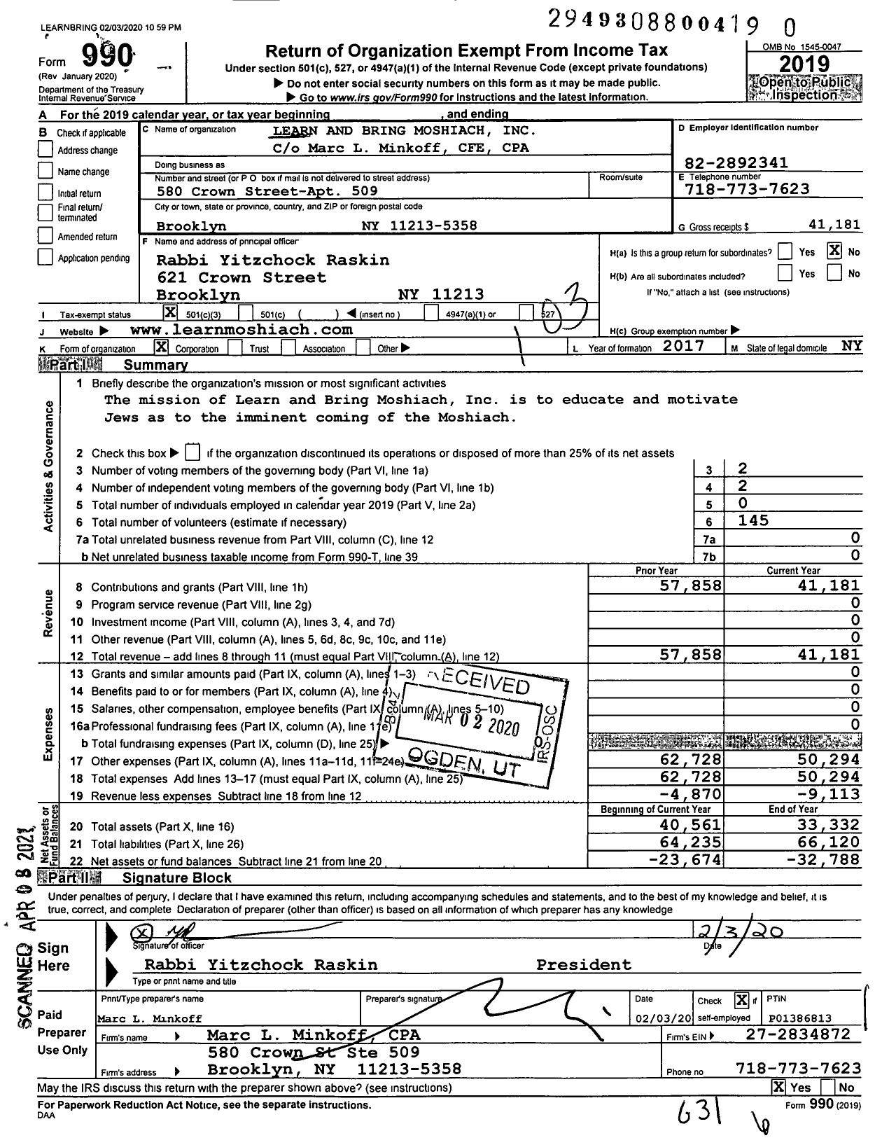 Image of first page of 2019 Form 990 for Learn and Bring Moshiach