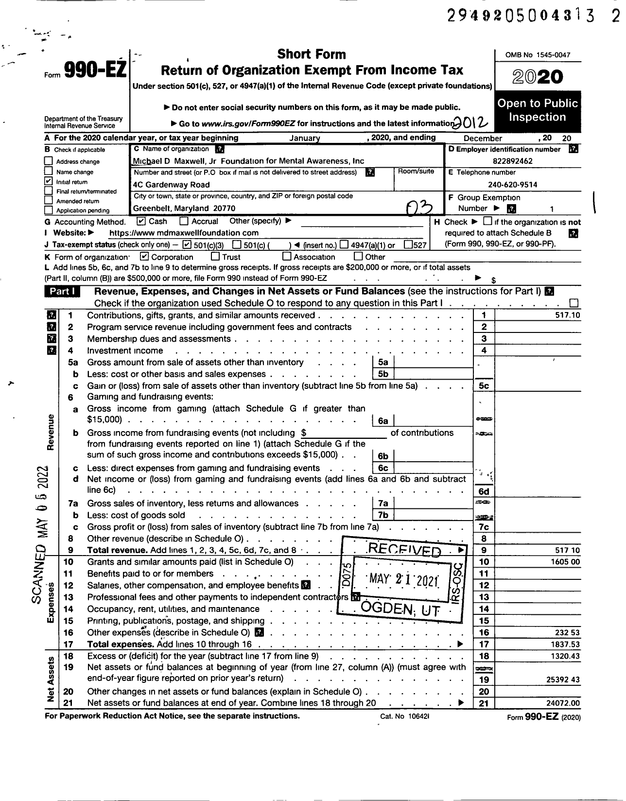 Image of first page of 2020 Form 990EZ for Michael D Maxwell JR Foundation for Mental Awareness