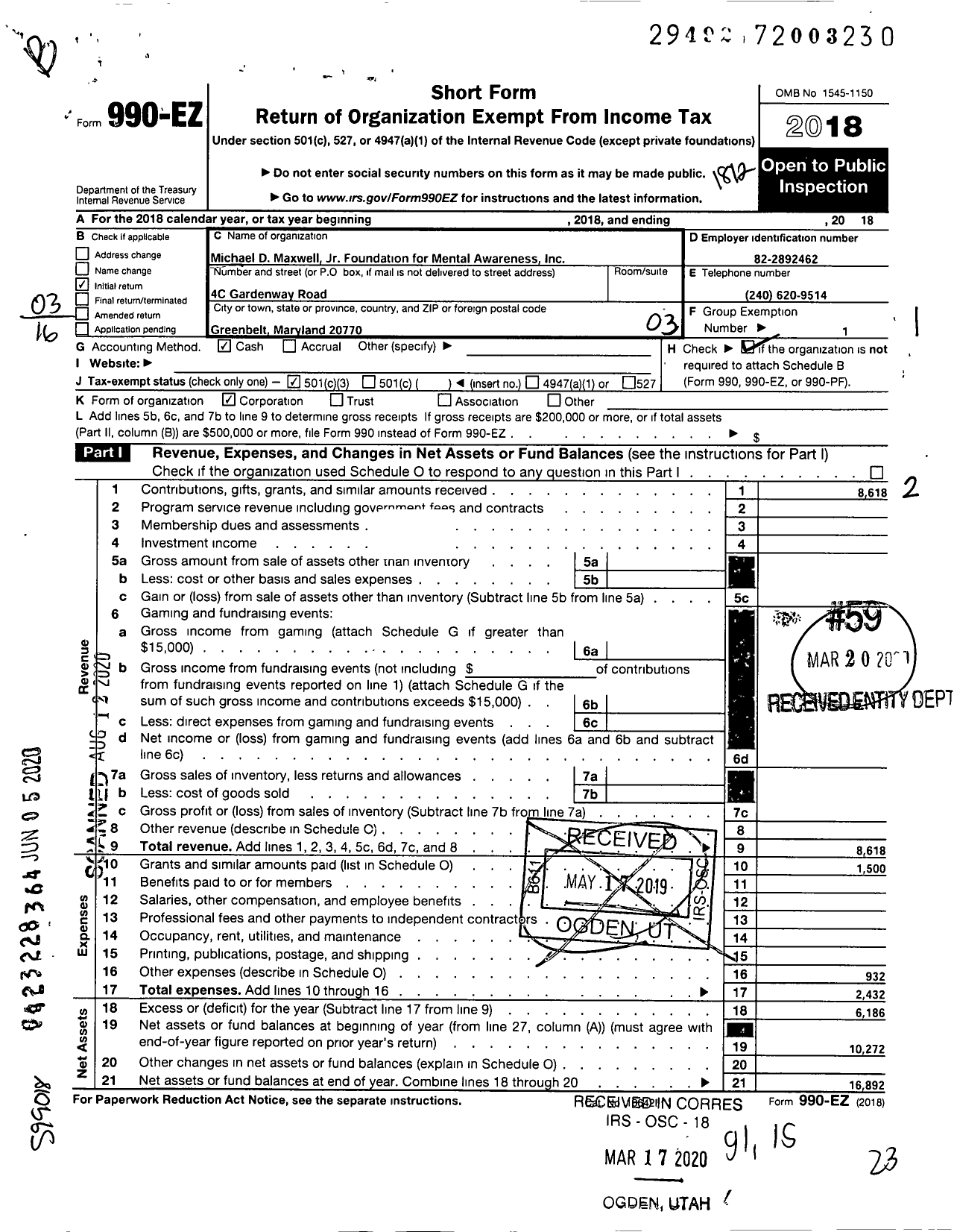 Image of first page of 2018 Form 990EZ for Michael D Maxwell JR Foundation for Mental Awareness