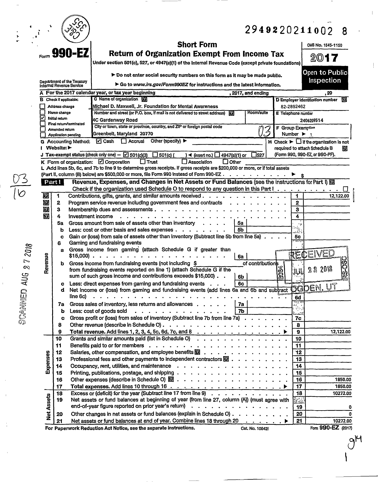 Image of first page of 2017 Form 990EZ for Michael D Maxwell JR Foundation for Mental Awareness