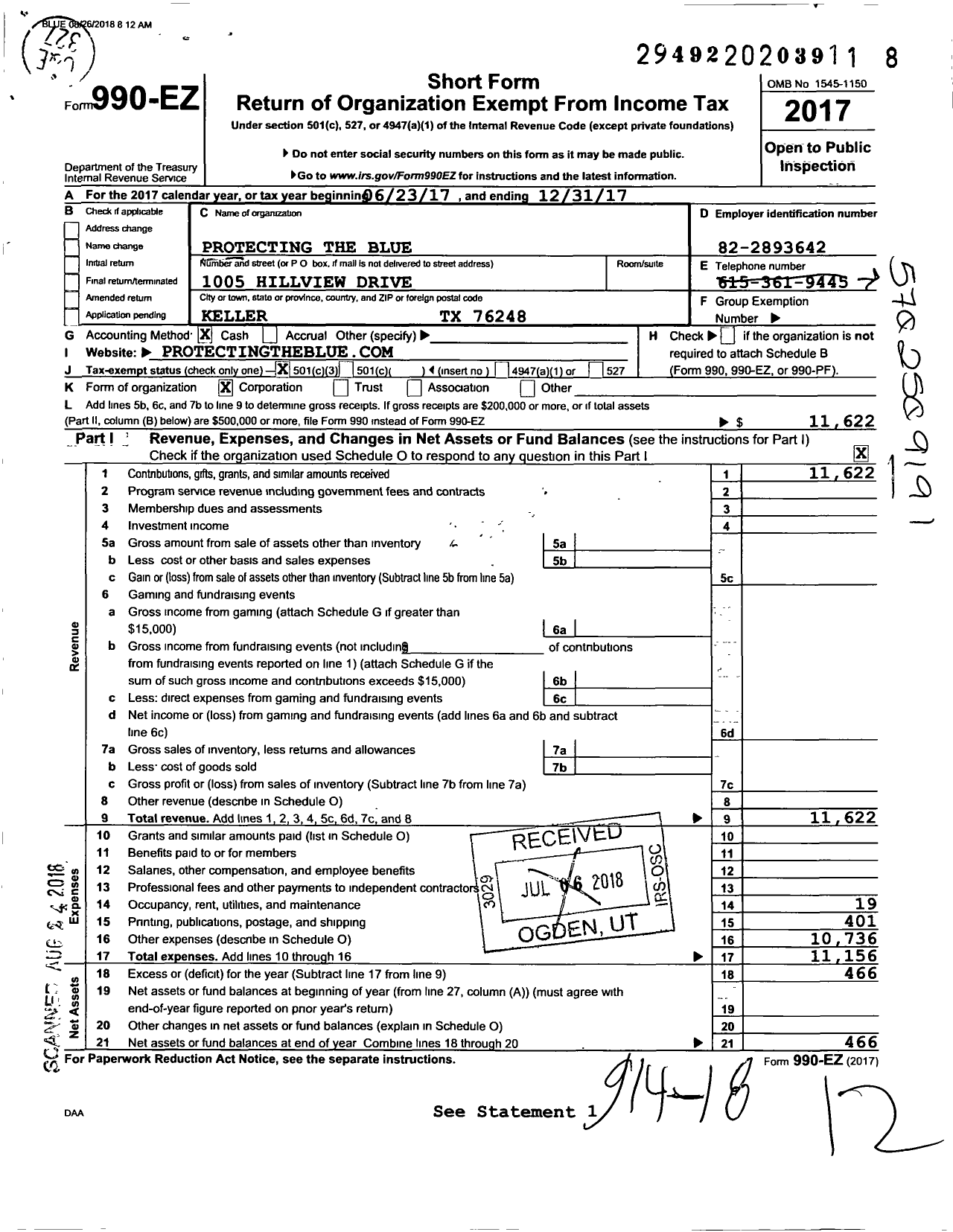 Image of first page of 2017 Form 990EZ for Protecting the Blue