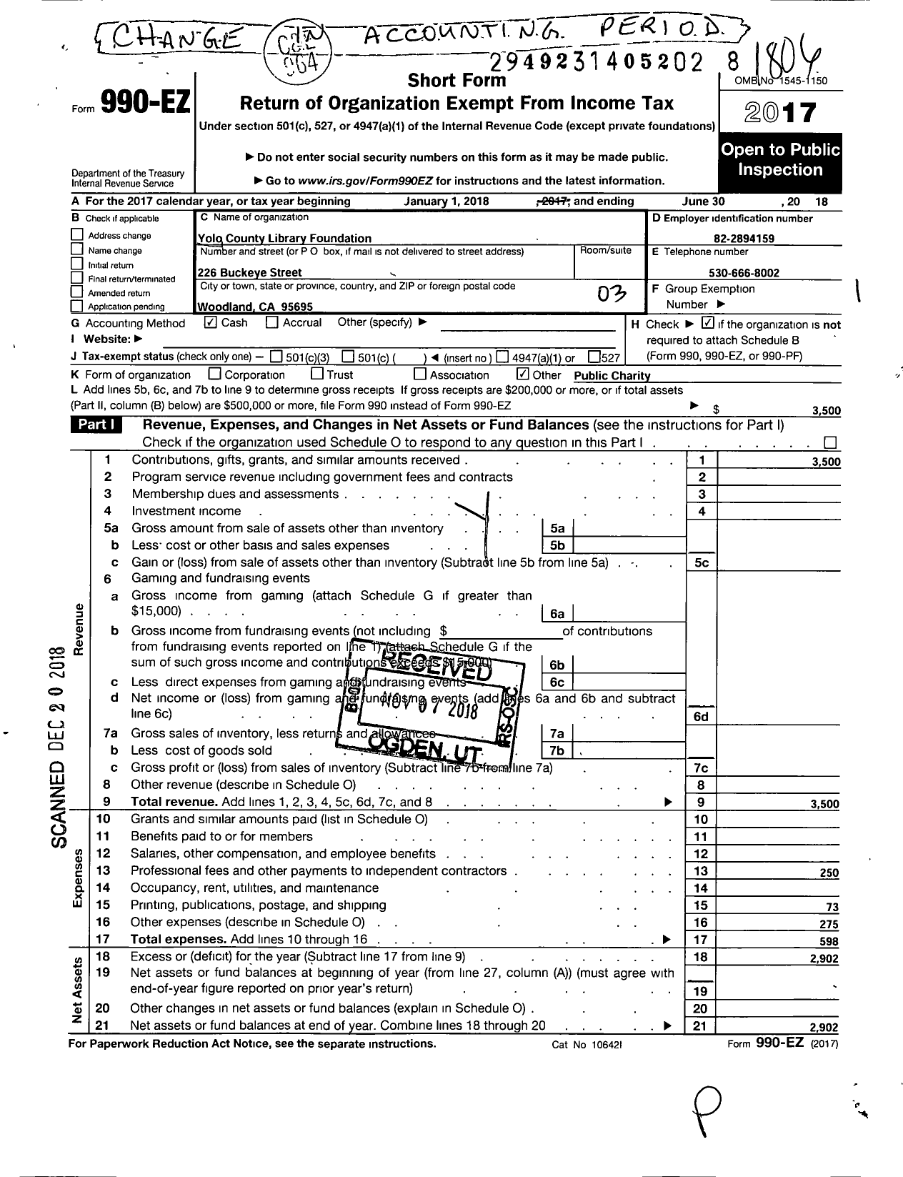 Image of first page of 2017 Form 990EZ for Yolo County Library Foundation