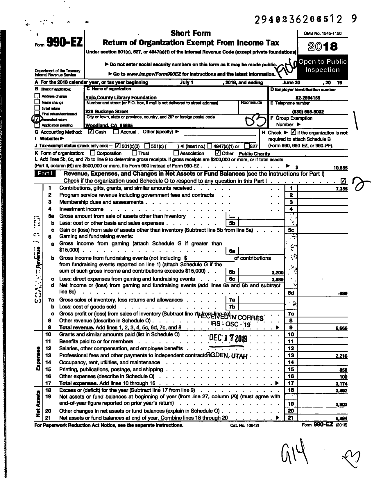 Image of first page of 2018 Form 990EZ for Yolo County Library Foundation