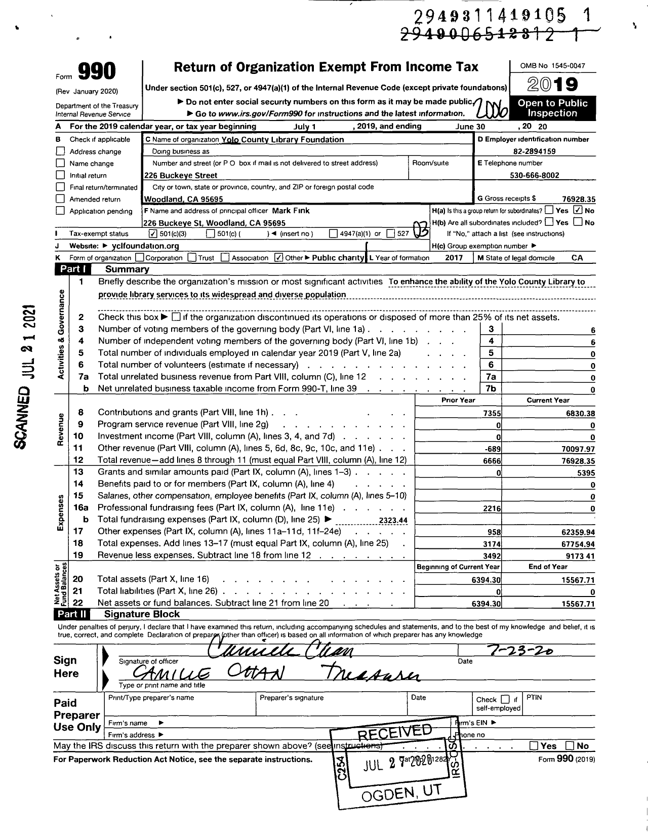 Image of first page of 2019 Form 990 for Yolo County Library Foundation