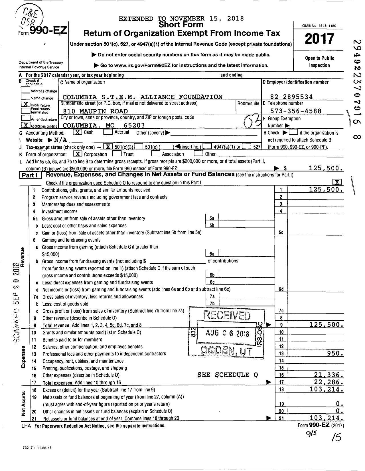 Image of first page of 2017 Form 990EZ for Columbia Stem Alliance Foundation