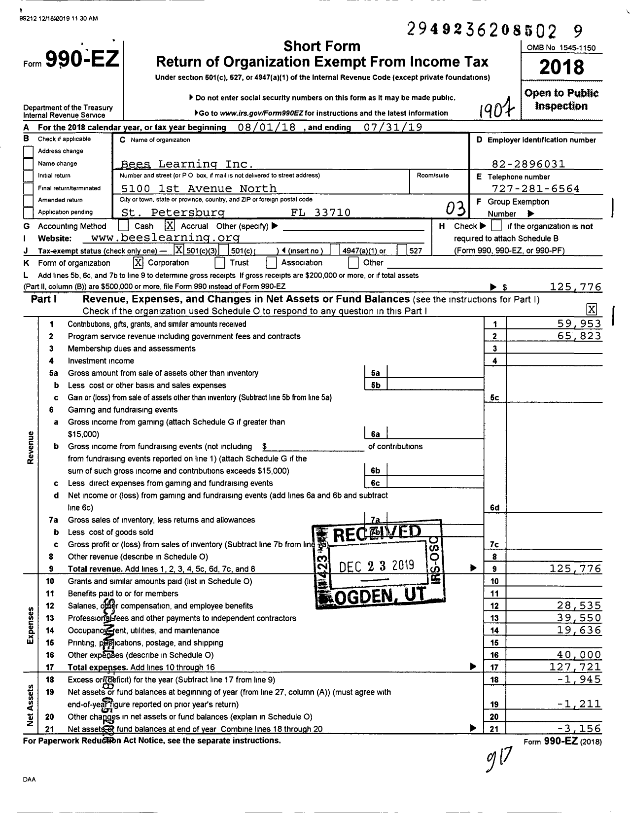 Image of first page of 2018 Form 990EZ for Bli Learning Labs Incorporated