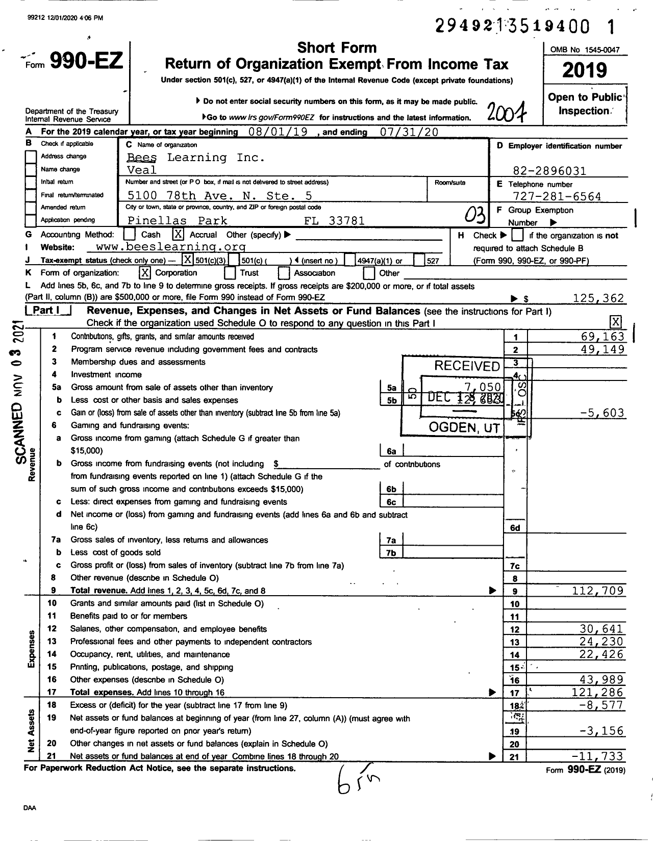 Image of first page of 2019 Form 990EZ for Bli Learning Labs Incorporated