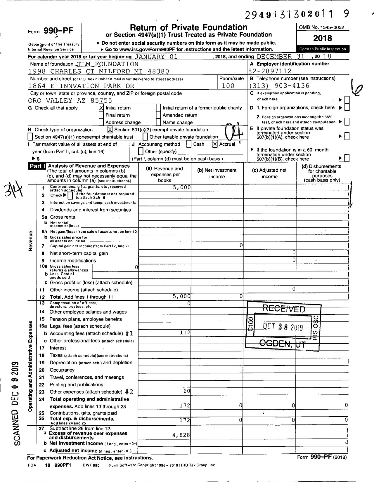 Image of first page of 2018 Form 990PF for TLM Foundation