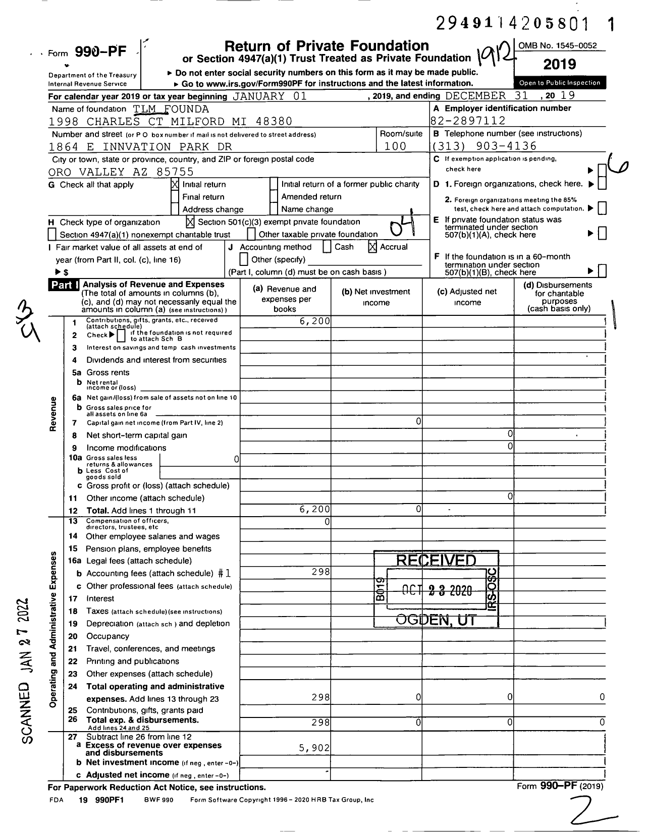 Image of first page of 2019 Form 990PF for TLM Foundation
