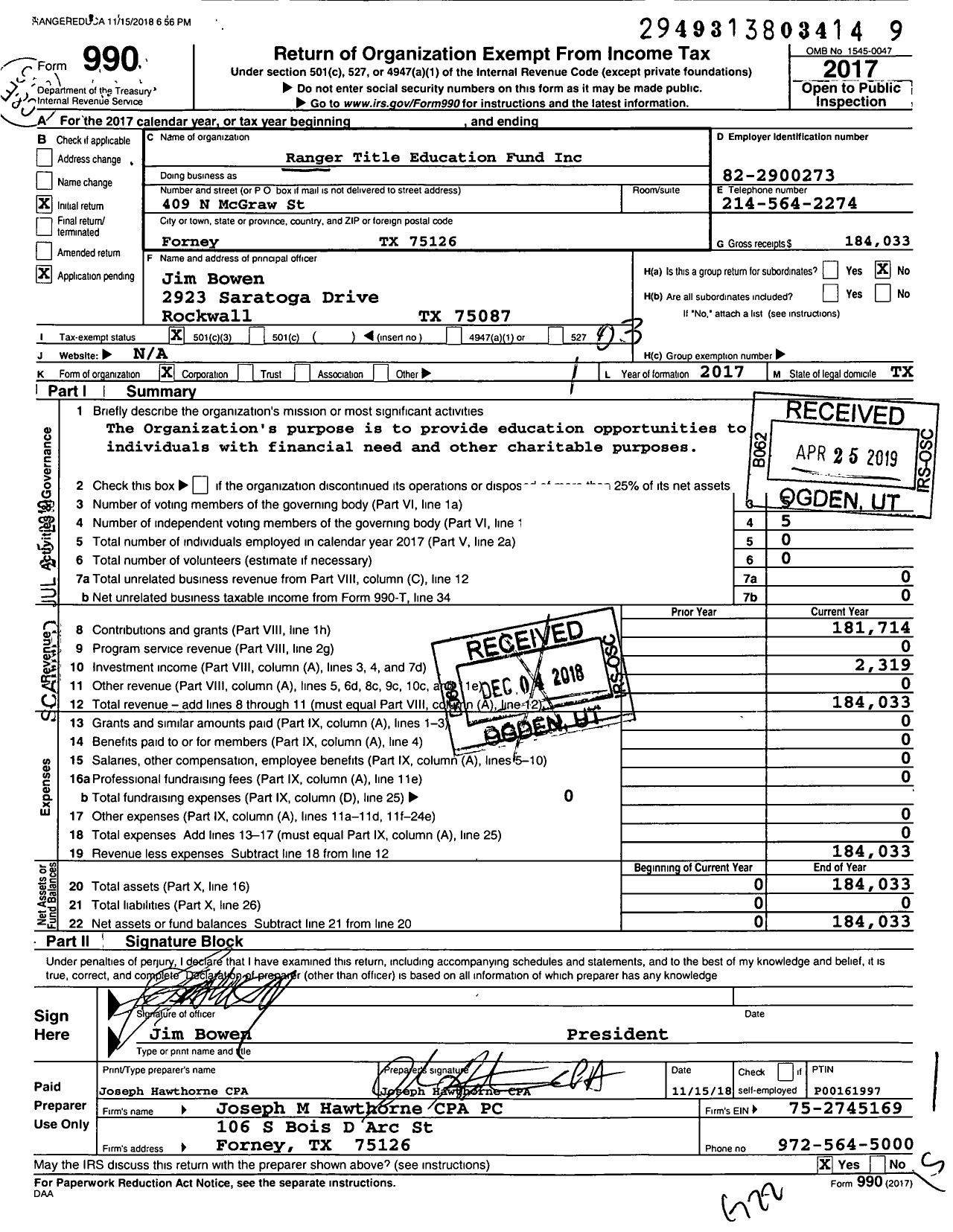 Image of first page of 2017 Form 990 for Ranger Title Education Fund