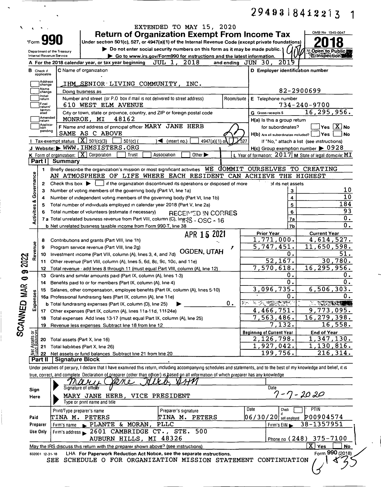 Image of first page of 2018 Form 990 for Ihm Senior Living Community