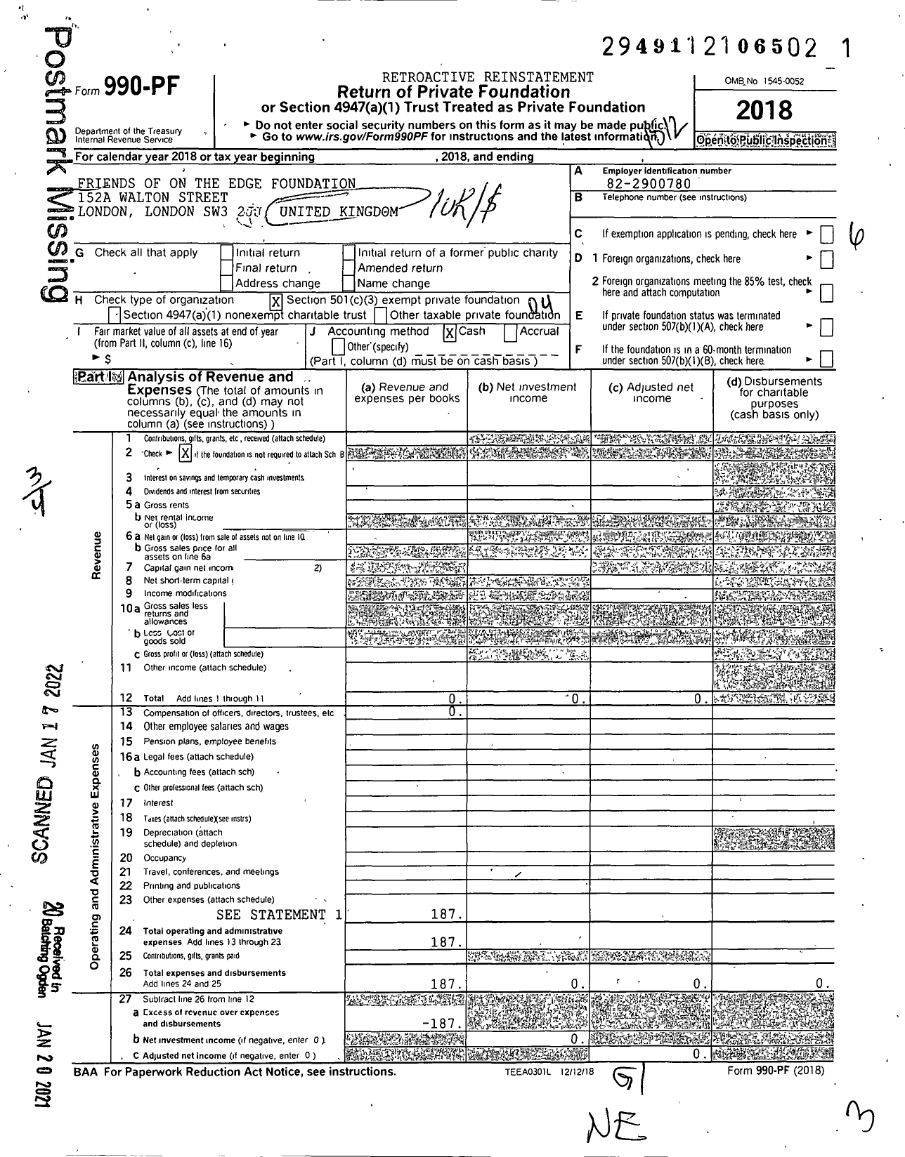 Image of first page of 2018 Form 990PF for Friends of on the Edge Foundation