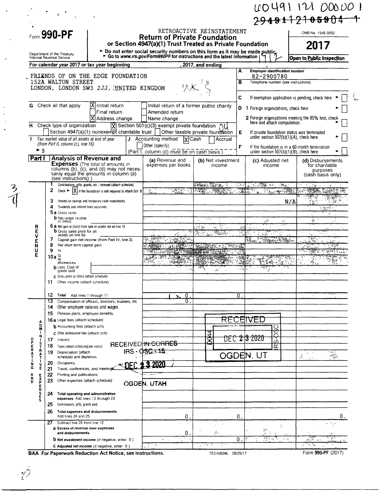 Image of first page of 2019 Form 990PF for Friends of on the Edge Foundation