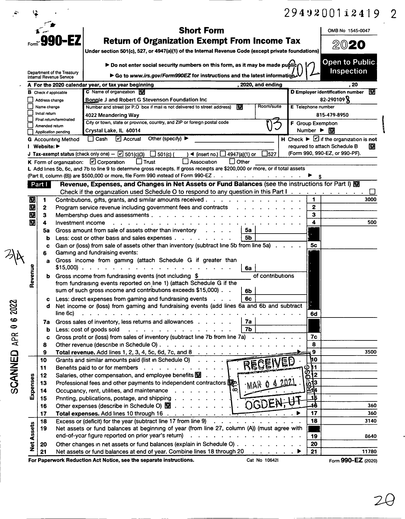 Image of first page of 2020 Form 990EZ for Bonnie J and Robert G Stevenson Foundation