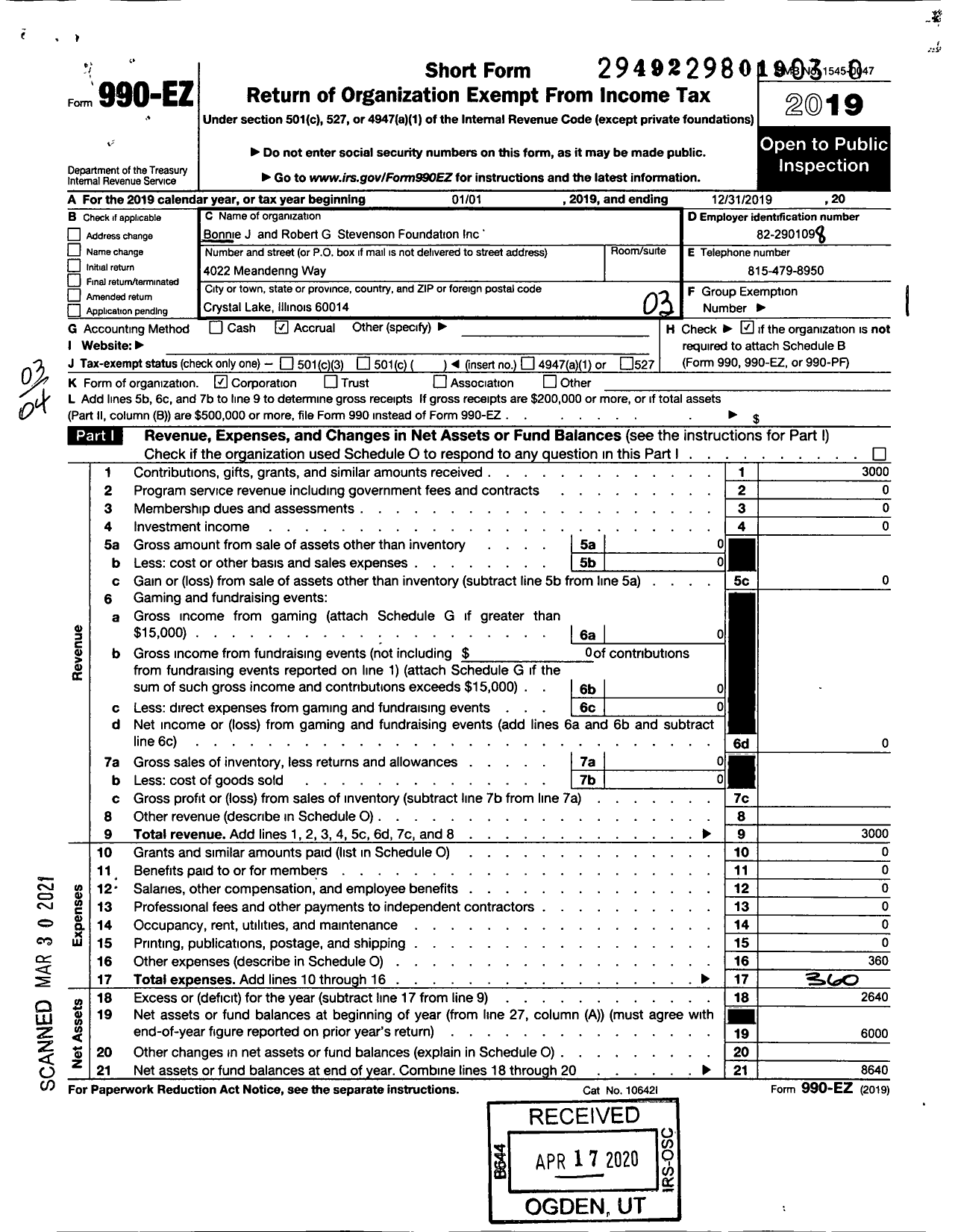 Image of first page of 2019 Form 990EZ for Bonnie J and Robert G Stevenson Foundation