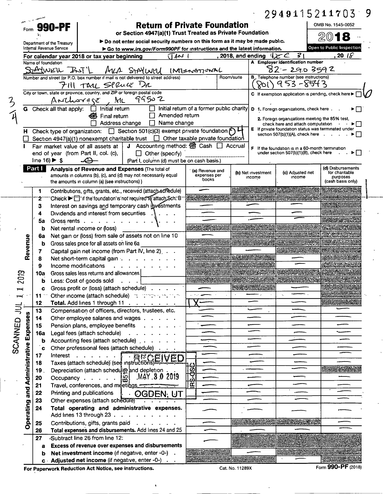 Image of first page of 2018 Form 990PF for Staywell International