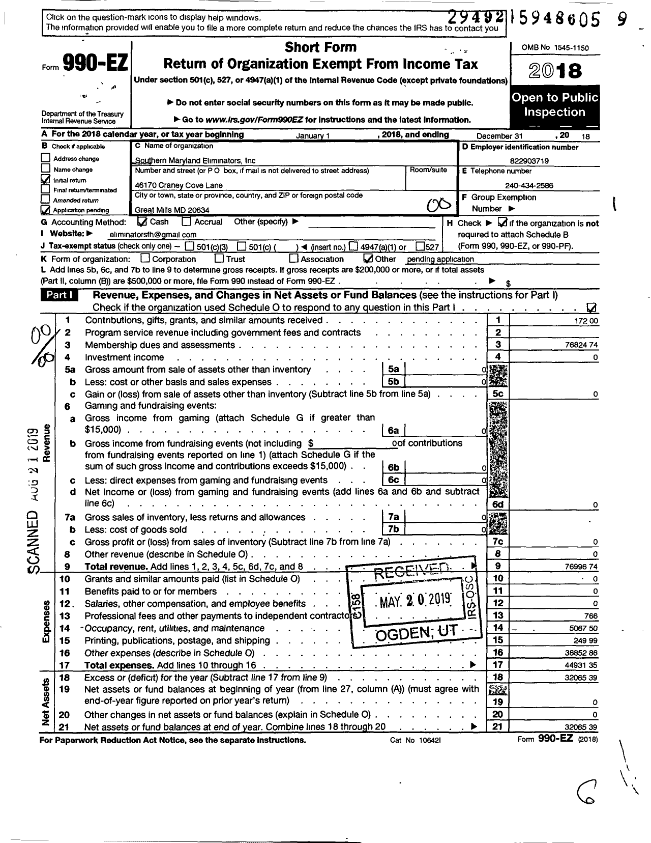 Image of first page of 2018 Form 990EO for Southern Maryland Eliminators
