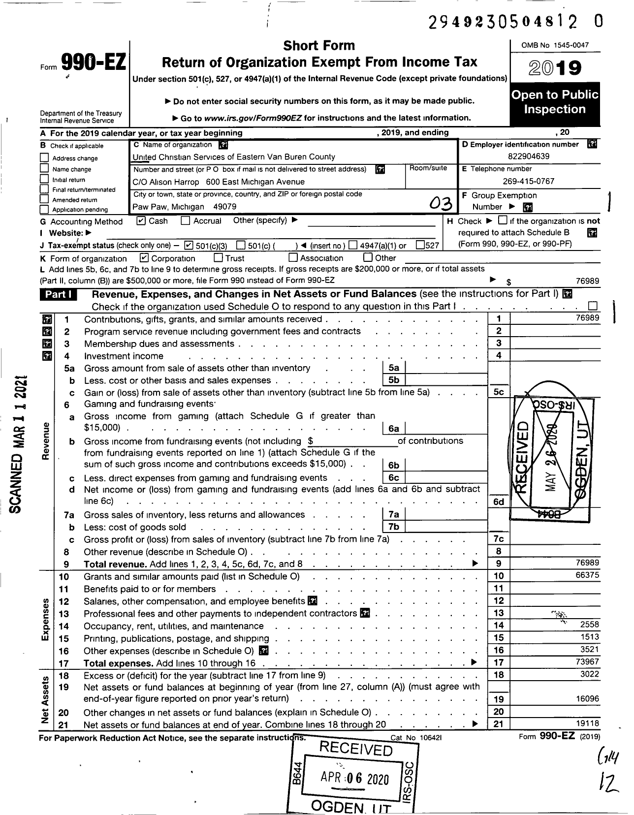 Image of first page of 2019 Form 990EZ for United Christian Services of Eastern Van Buren County