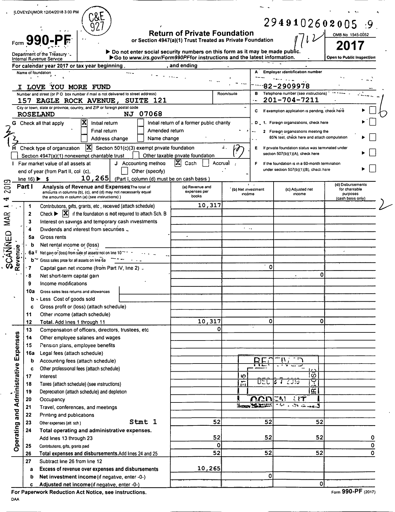 Image of first page of 2017 Form 990PF for I Love You More Fund