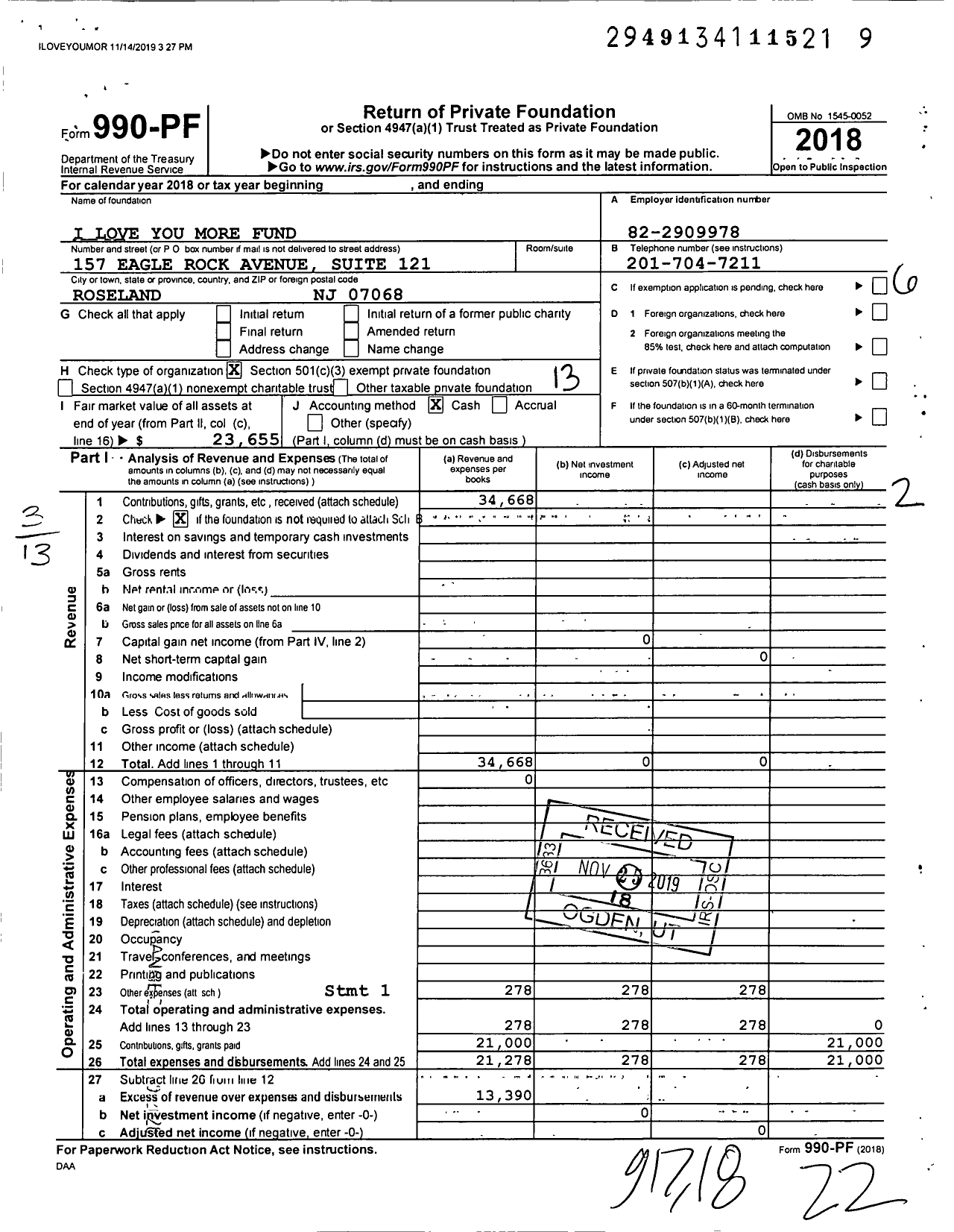 Image of first page of 2018 Form 990PF for I Love You More Fund