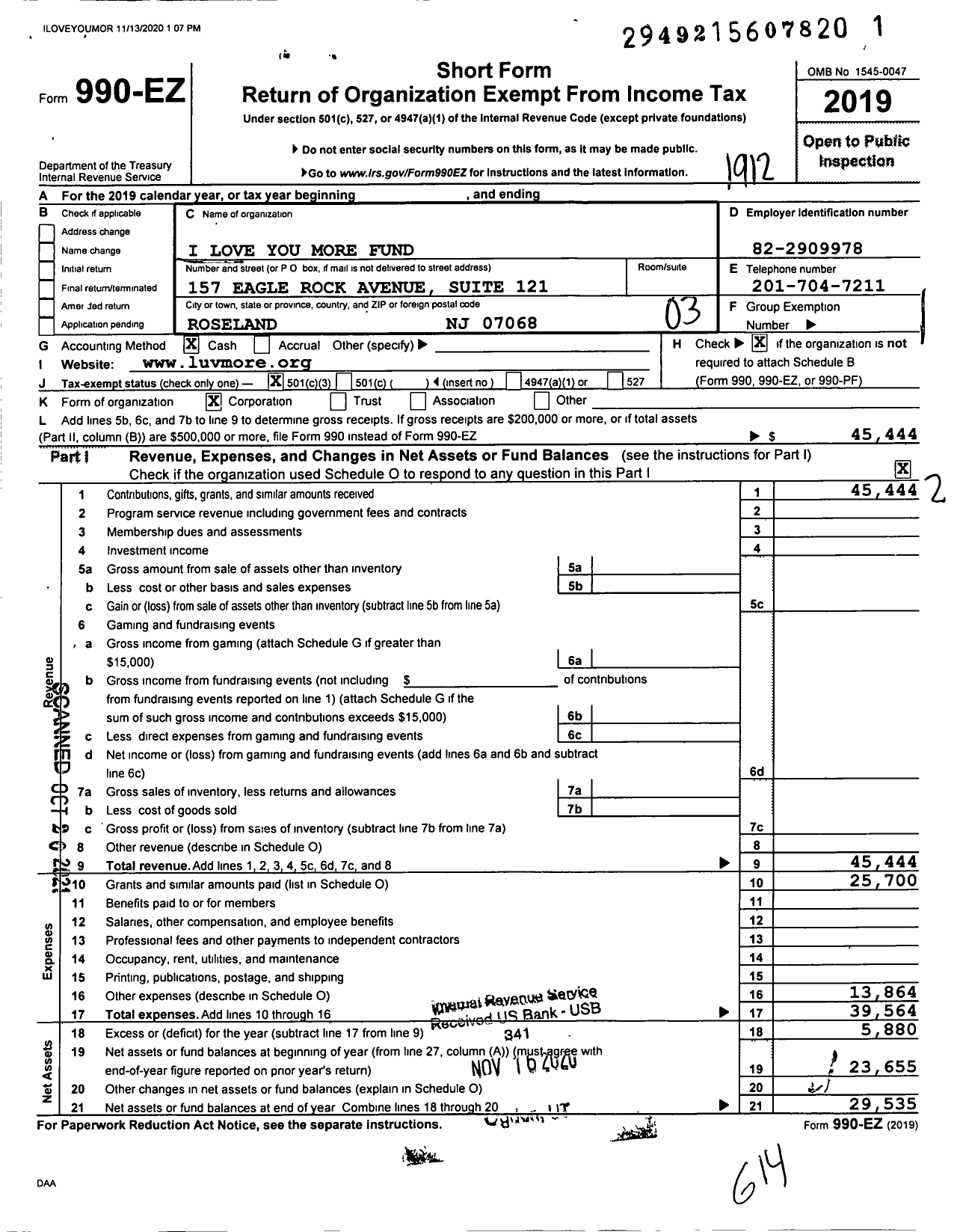 Image of first page of 2019 Form 990EZ for I Love You More Fund