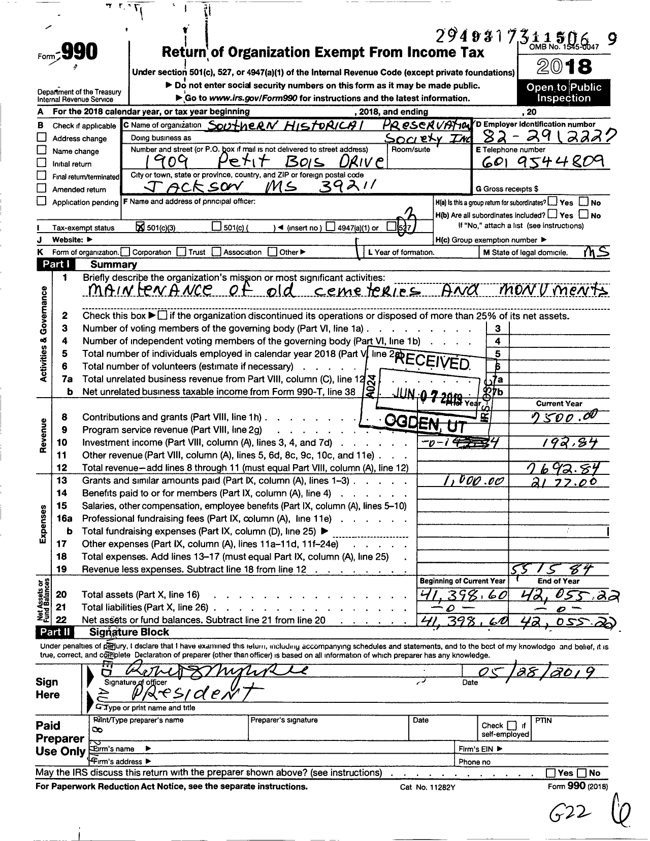 Image of first page of 2018 Form 990 for Southern Historical Preservation Society