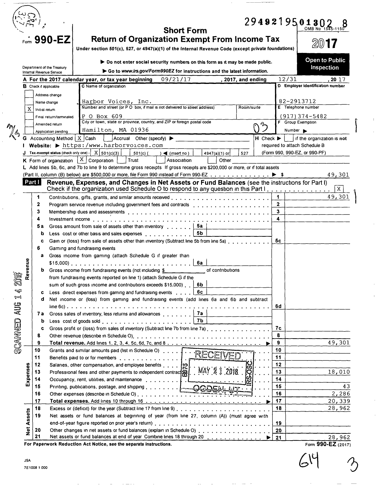 Image of first page of 2017 Form 990EZ for Harbor Voices