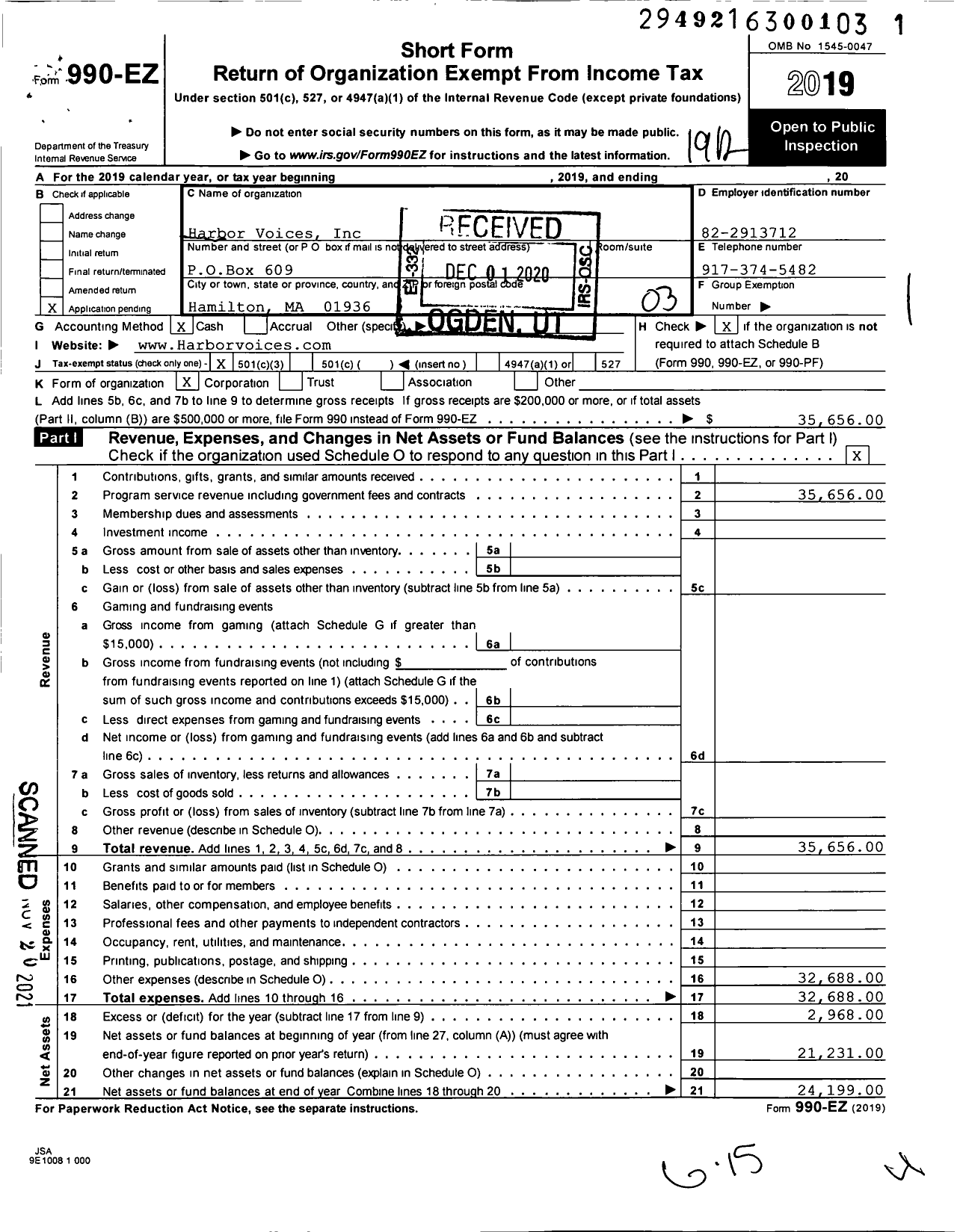 Image of first page of 2019 Form 990EZ for Harbor Voices