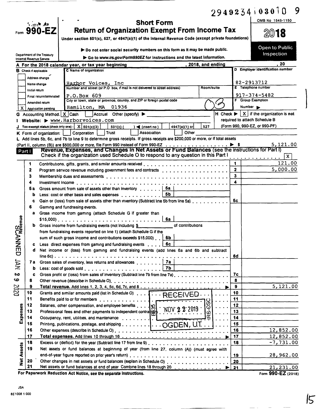 Image of first page of 2018 Form 990EZ for Harbor Voices