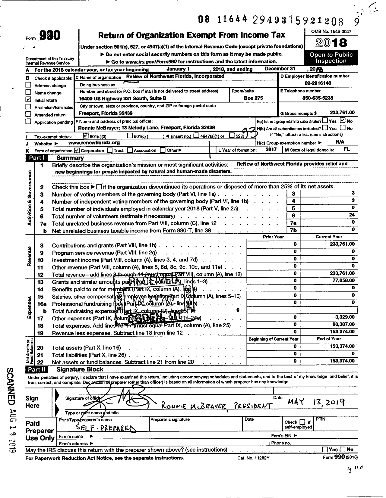 Image of first page of 2018 Form 990 for Renew of Northwest Florida