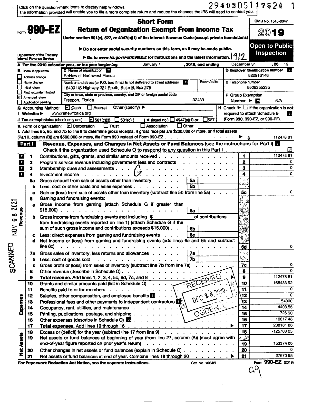 Image of first page of 2019 Form 990EZ for Renew of Northwest Florida