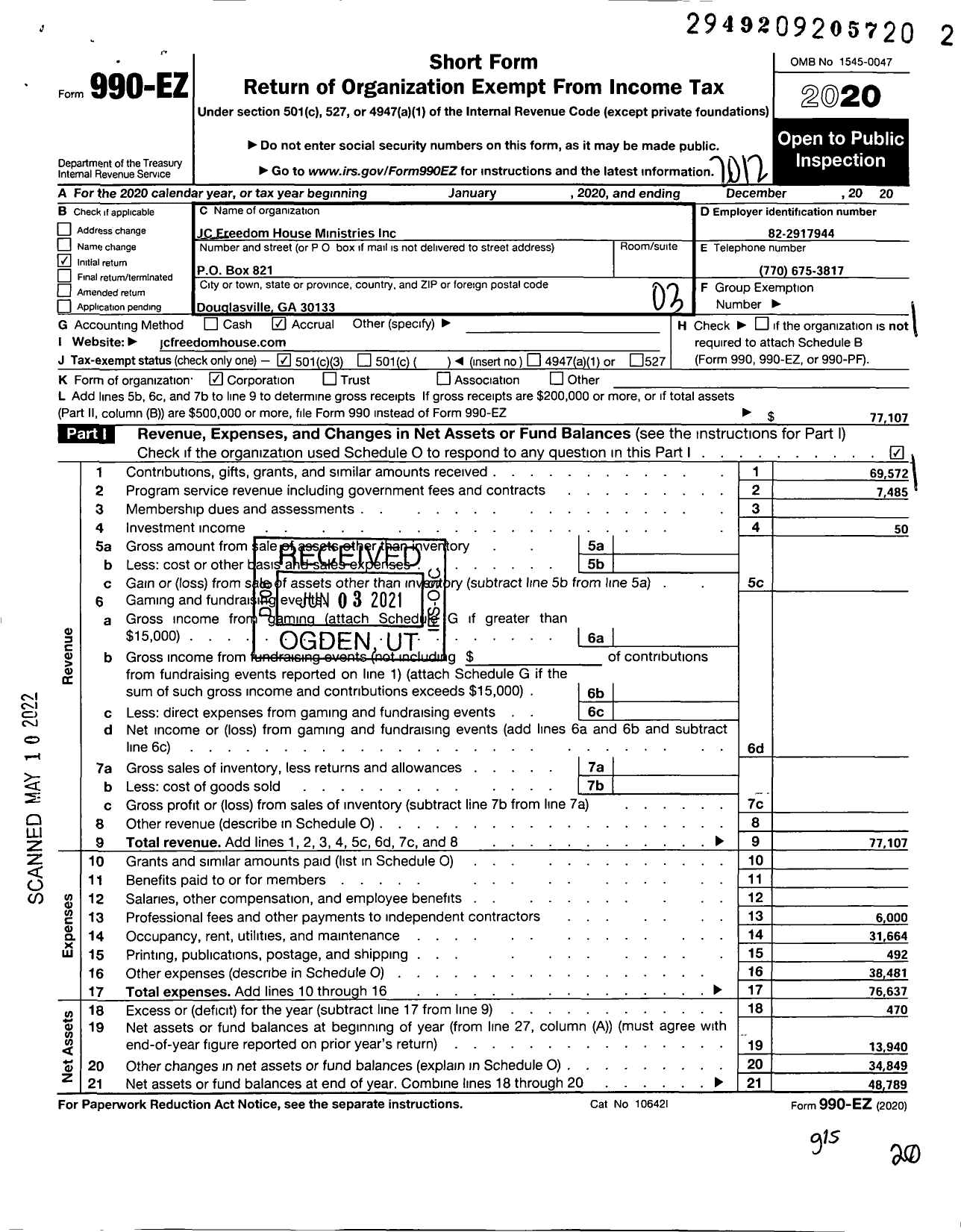 Image of first page of 2020 Form 990EZ for JC Freedom House Ministries